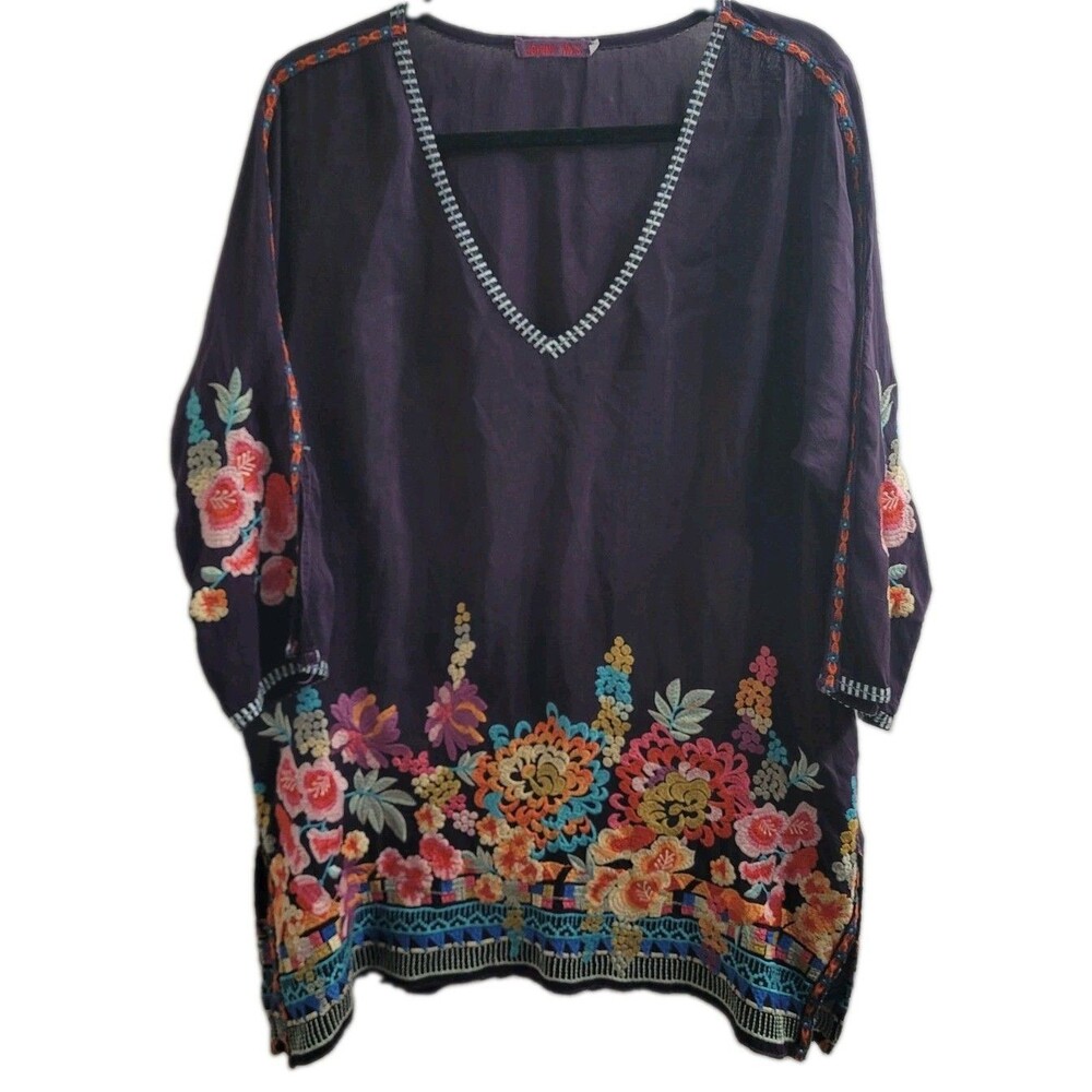 Johnny Was Araxi Floral Embroidered Tunic Dullberry Purple Cupra Rayon Size L
